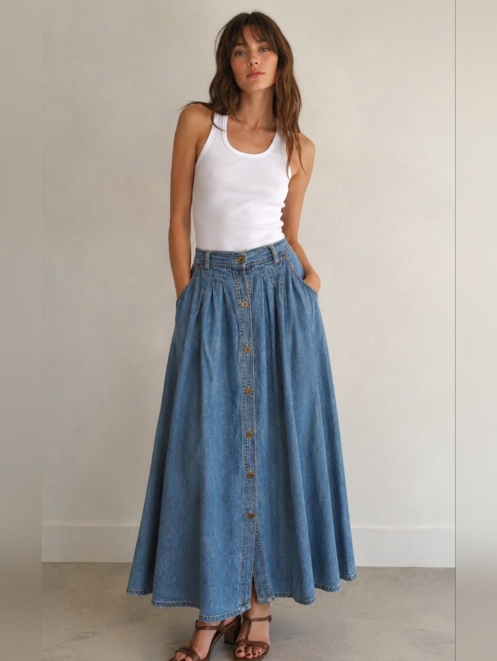 Cottagecore Quiet Luxury VTG Carole Little Denim Maxi Skirt Ultra Flared A Line